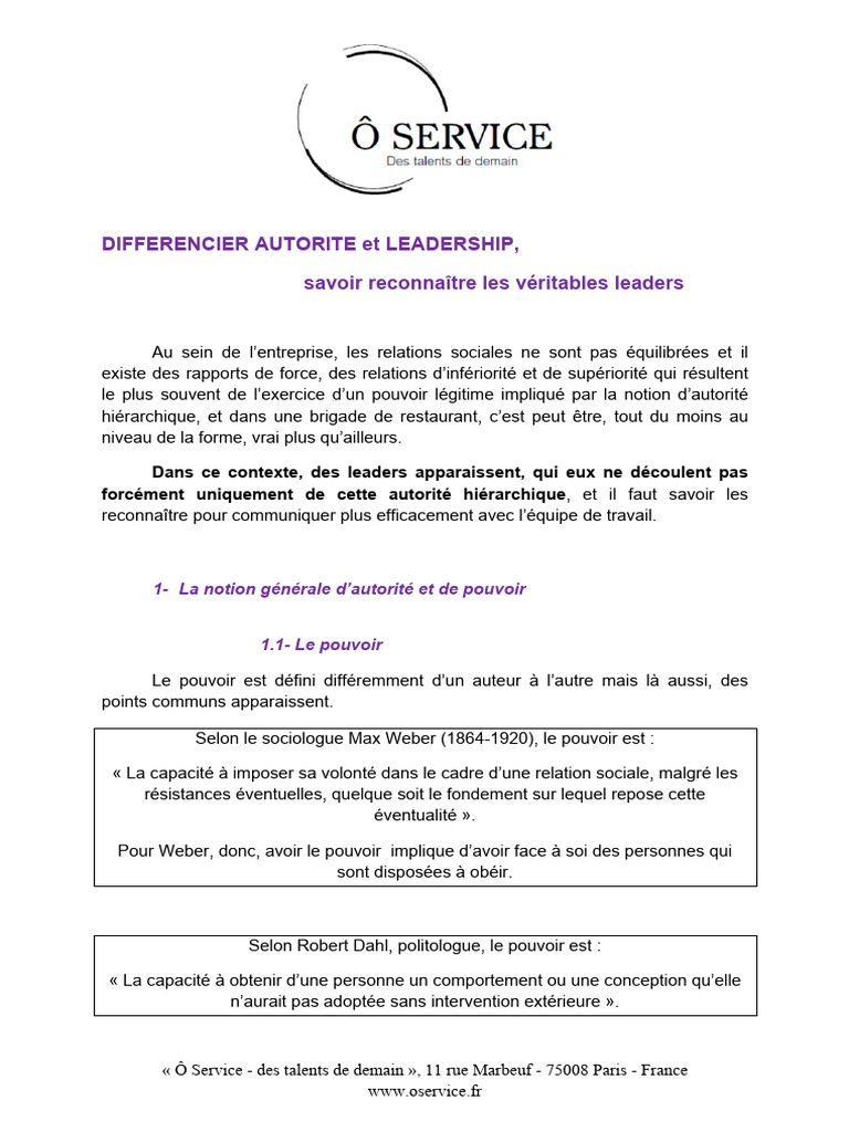 Autorité vs Leadership en Entreprise | PDF | Direction | Psychologie