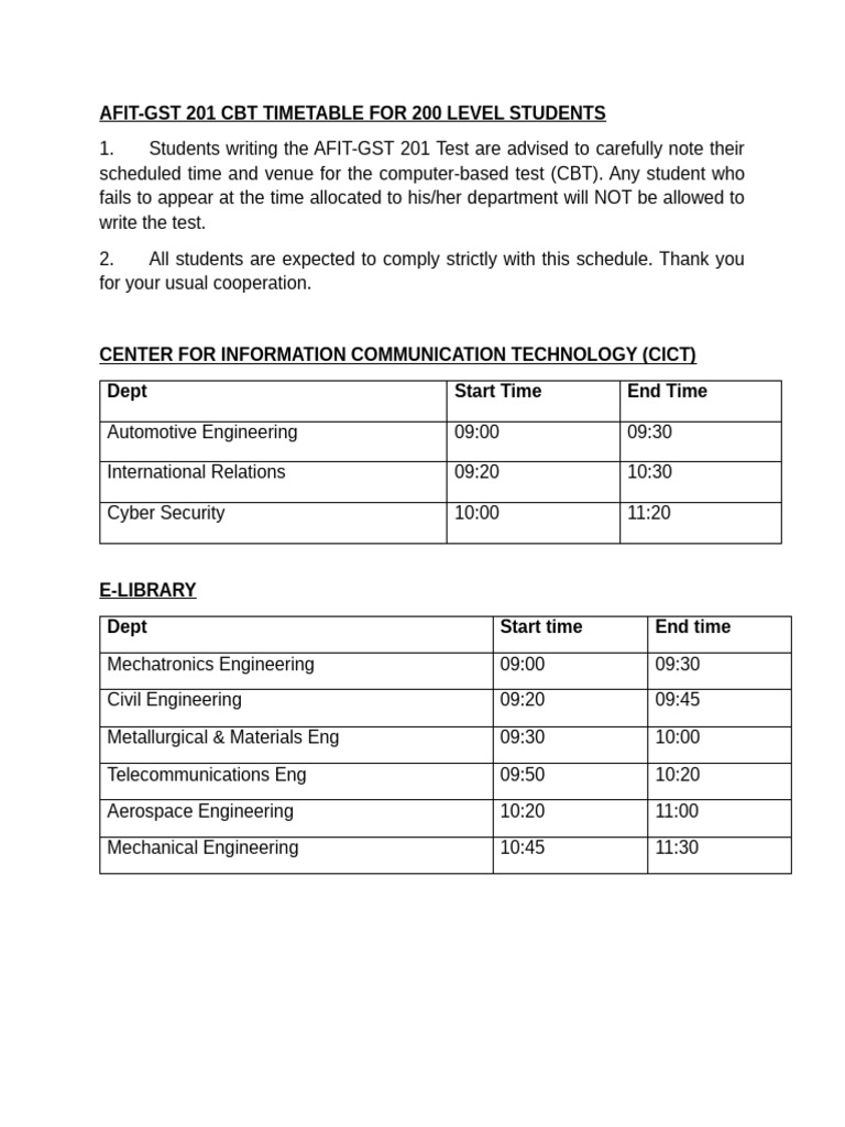 AFIT-GST 201 CBT Timetable 200 Level | PDF