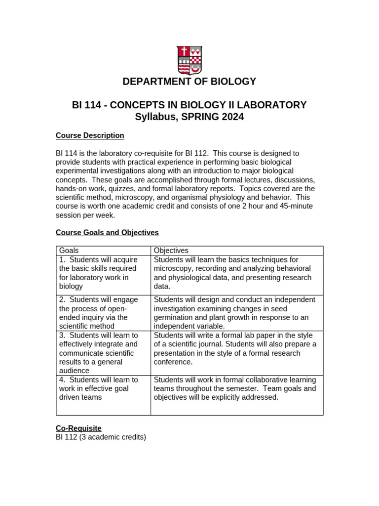 BI 114 Biology II Lab Syllabus Spring 2024 | PDF | Accessibility ...