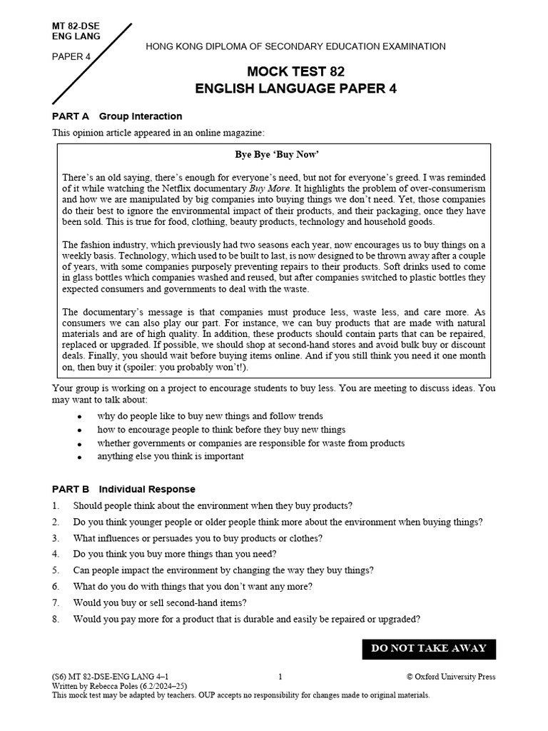 Mock Test: English Language DSE Paper 4 | PDF | Oxford University Press ...