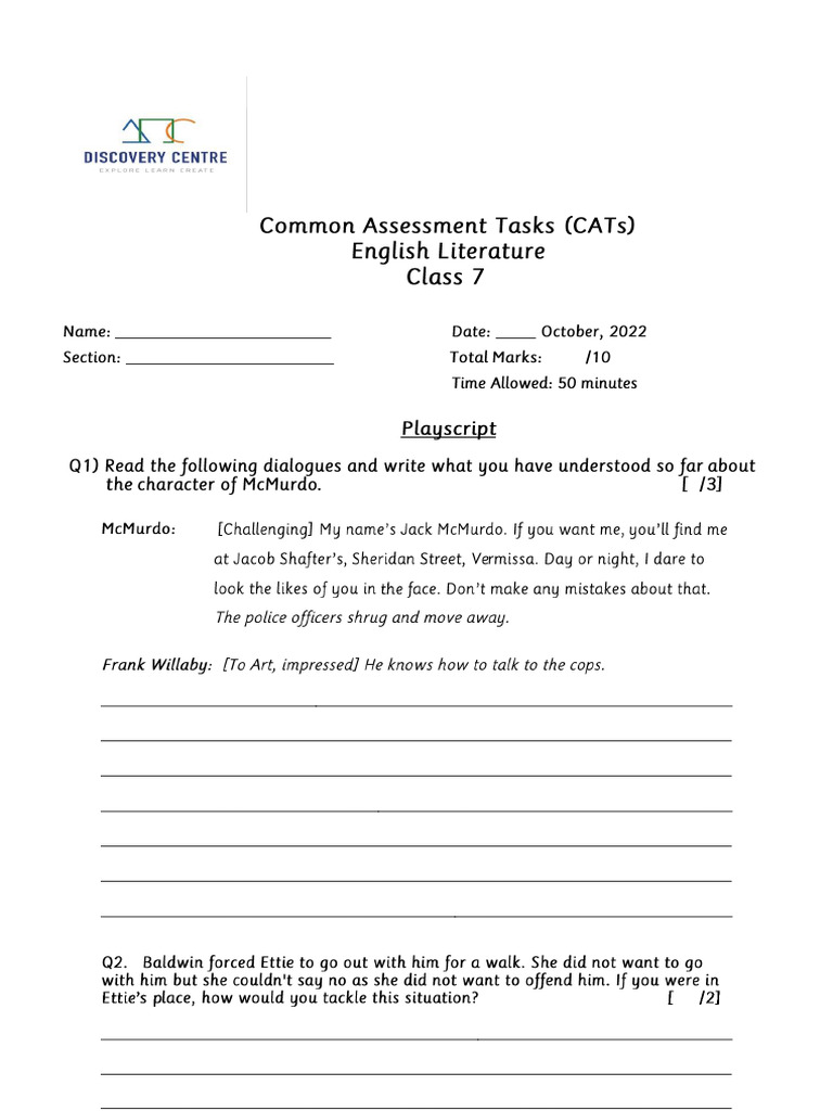English Literature 1st Assessment - Class 7 PDF | PDF