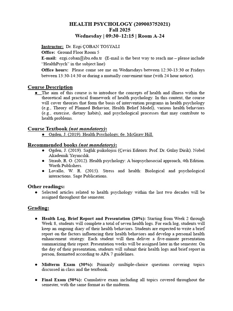 Health Psychology Course Overview 2025 | PDF | Health Psychology ...