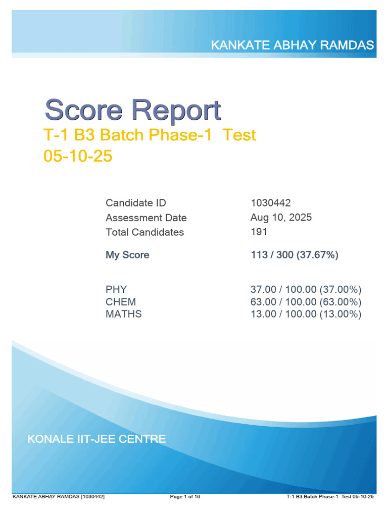 IIT-JEE Test Score Report for Kankate Abhay Ramdas | PDF | Evaluation ...