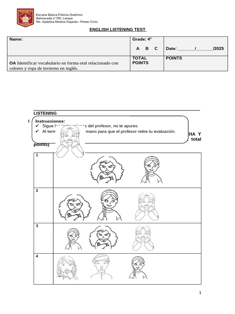 Prueba de Escucha en Inglés 4° Grado | PDF