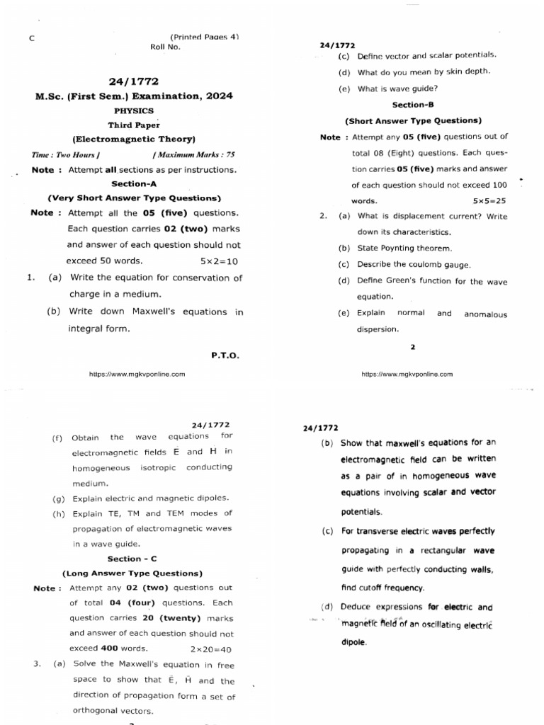 Exam MSC 1 Sem Electromagnetic Theory 1772 2024 | PDF
