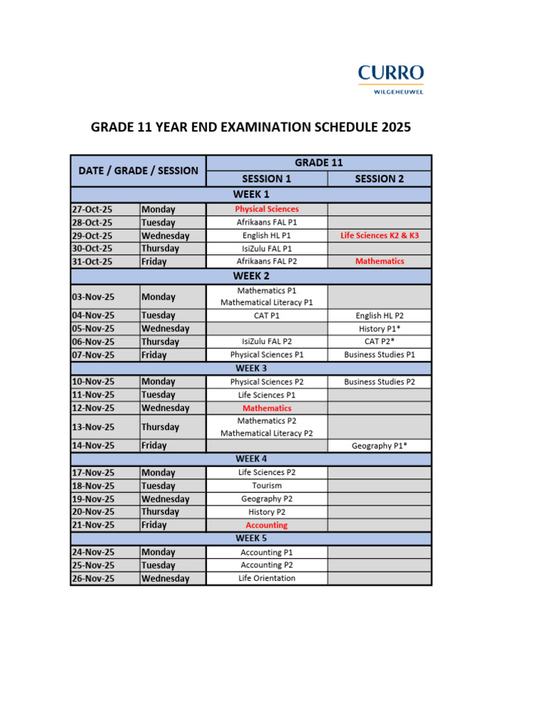 Grade 11 Year-End Exam Schedule 2025 | PDF