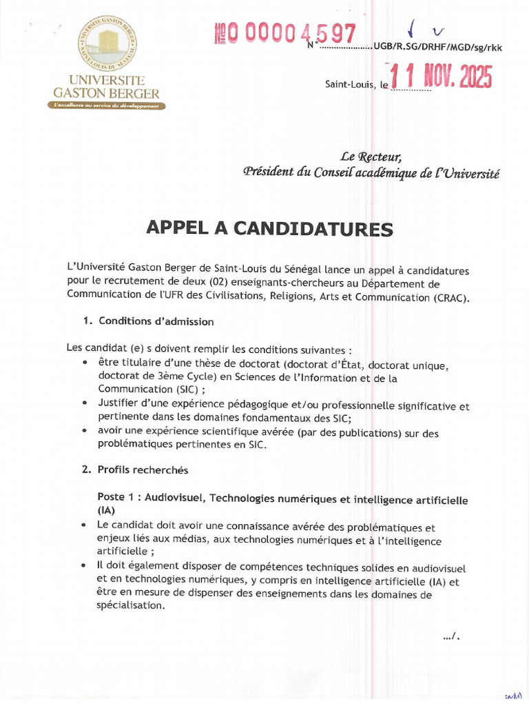 Appel À Candidatures Pour Le Recrutement de Deux Enseignants-Chercheurs ...