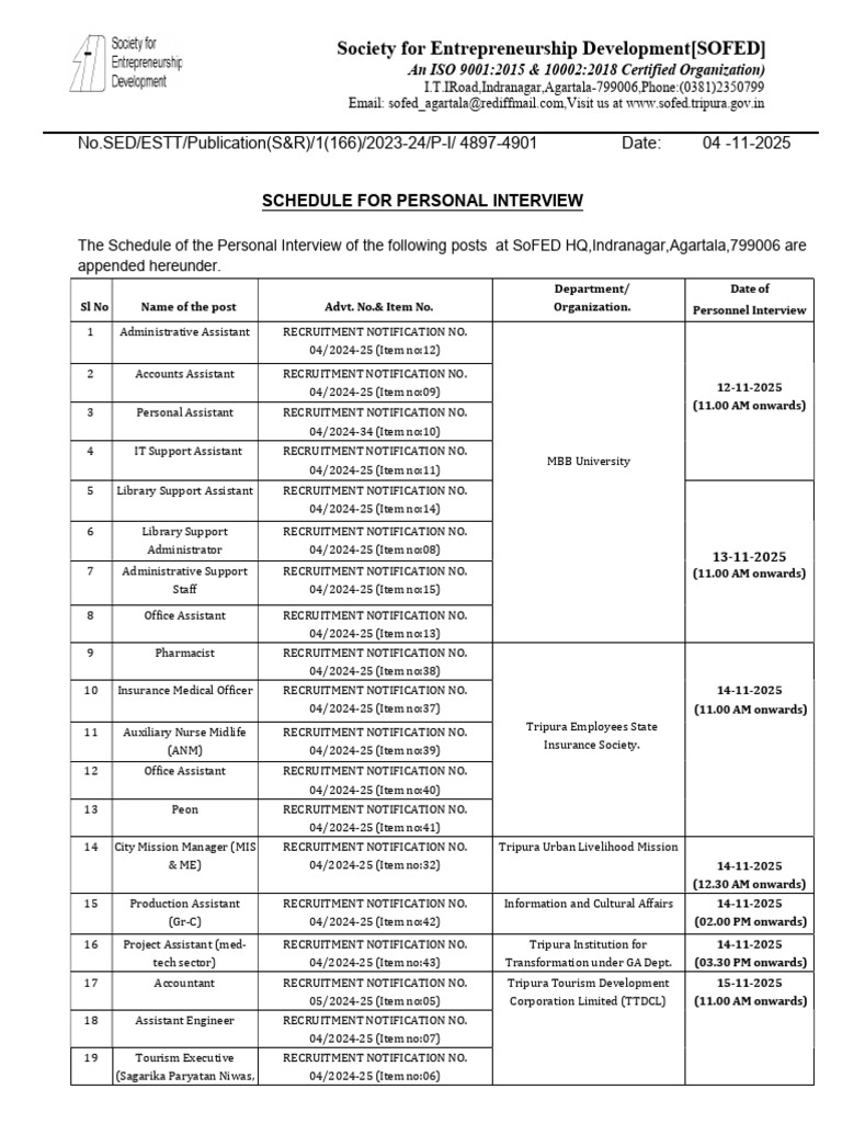 SoFED Personal Interview Schedule 2025 | PDF