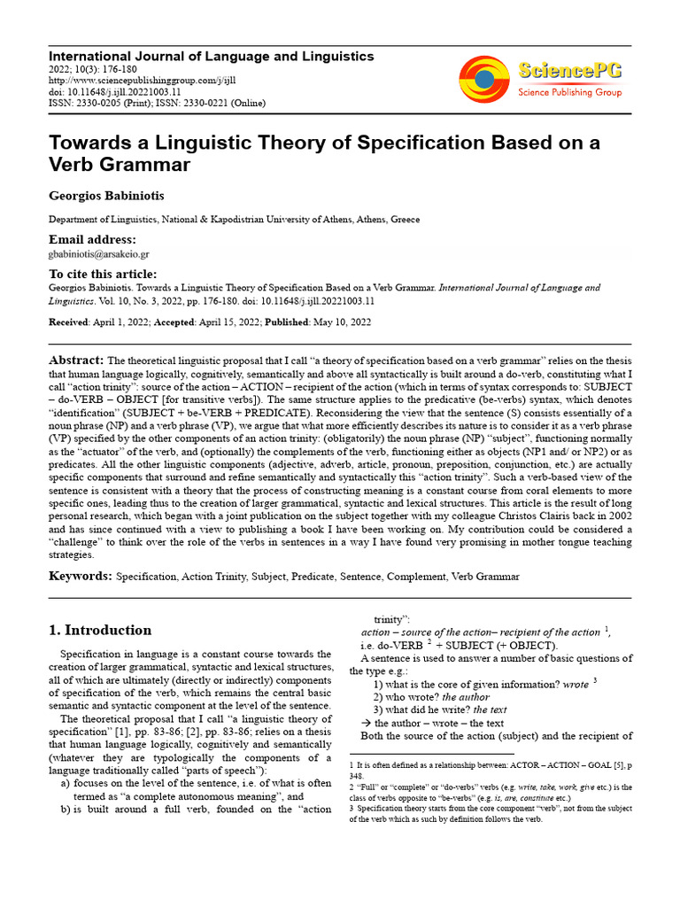 Towards A Linguistic Theory of Specification Based On A Verb Grammar ...
