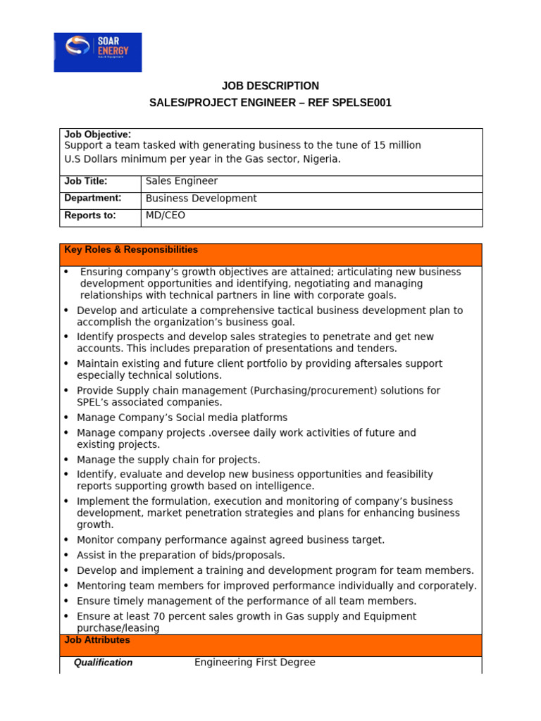Sales Engineer - Spelse001 Job Description | PDF | Sales | Supply Chain