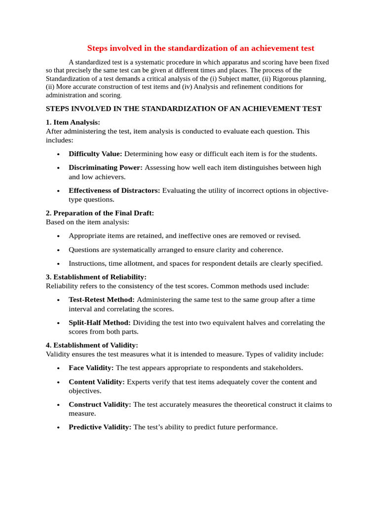 Steps Involved in The Standardization of An Achievement Test | PDF