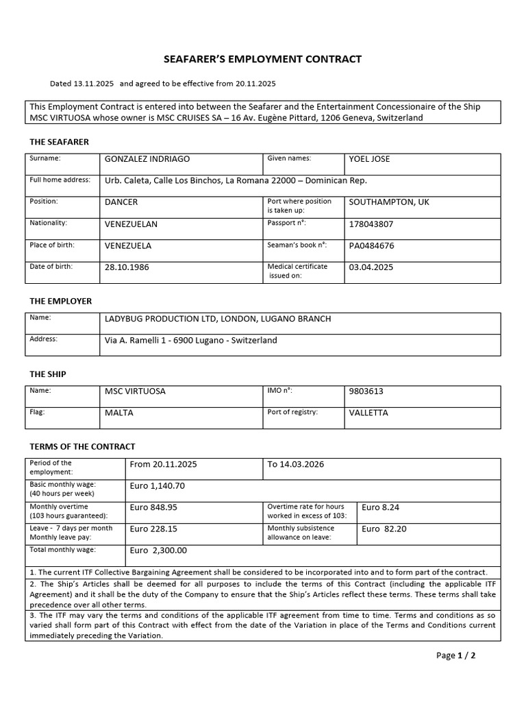 Seafarer's Employment Contract 2025 | PDF | Sailor | Contractual Term