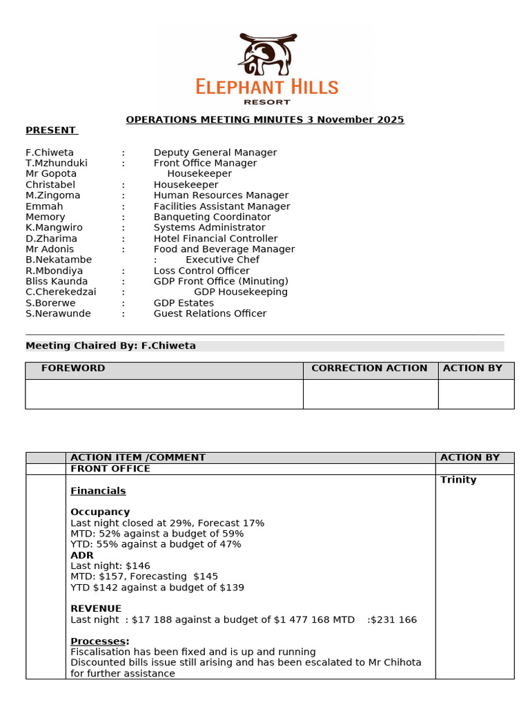 Operations Meeting Minutes 03.11.2025 | PDF | Foodservice