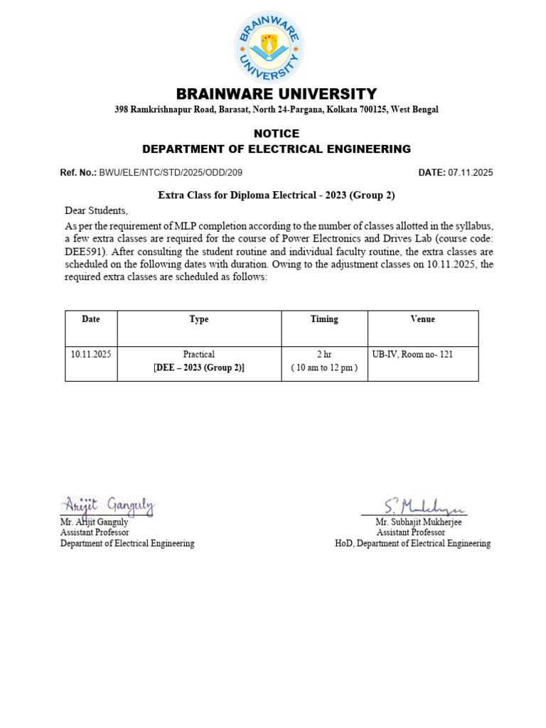 Extra Class Notice For DEE 2023 GR 2 | PDF
