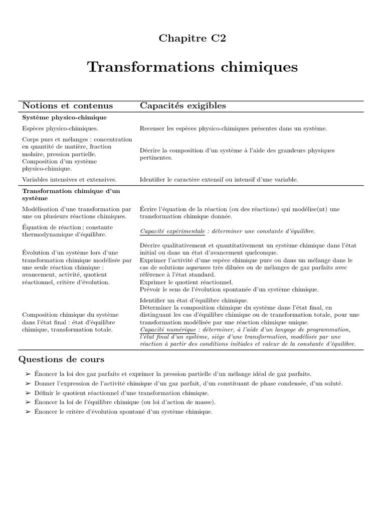 Transformations chimiques et équilibres | PDF | Équilibre chimique ...