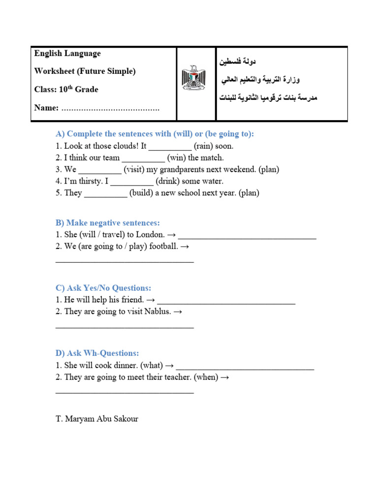 Future Simple English Worksheet for 10th Grade | PDF