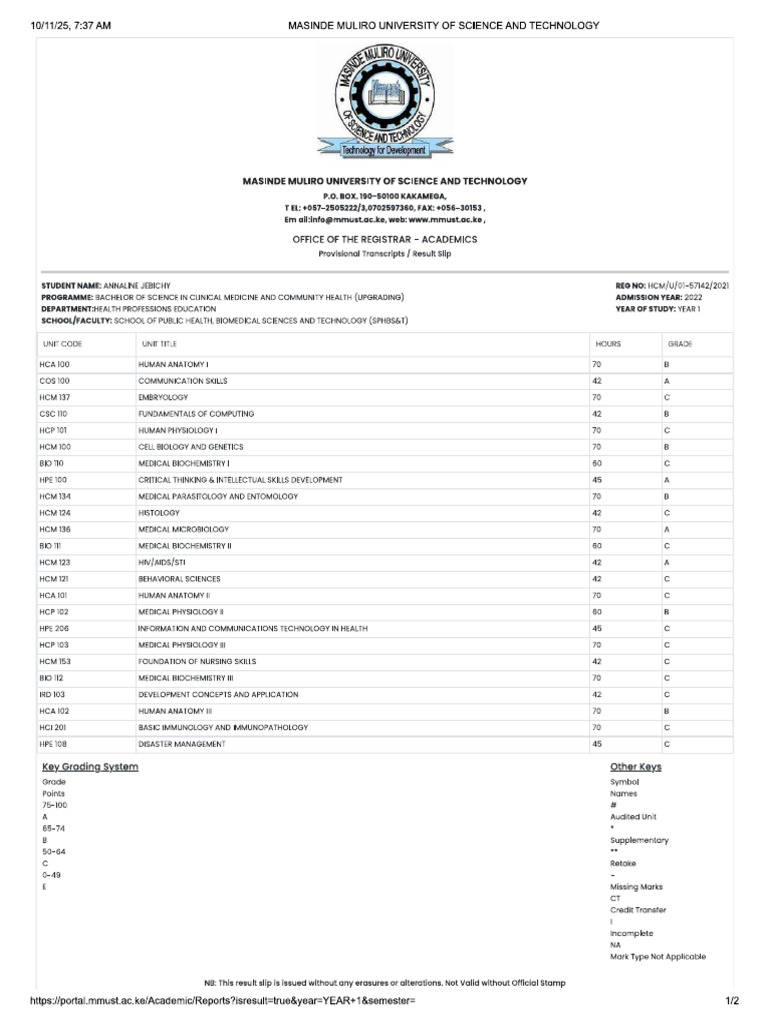 Masinde Muliro Year 1 Transcripts | PDF