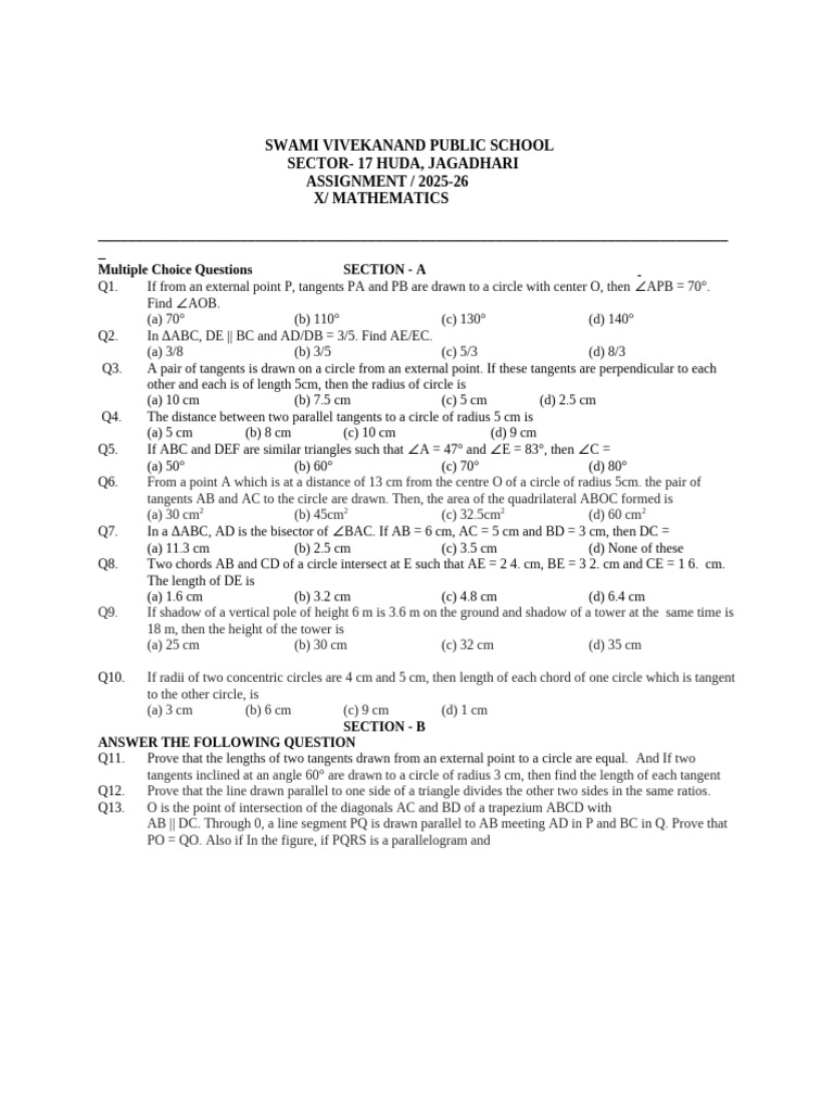 Mathematics Assignment for Class X 2025-26 | PDF | Circle | Area