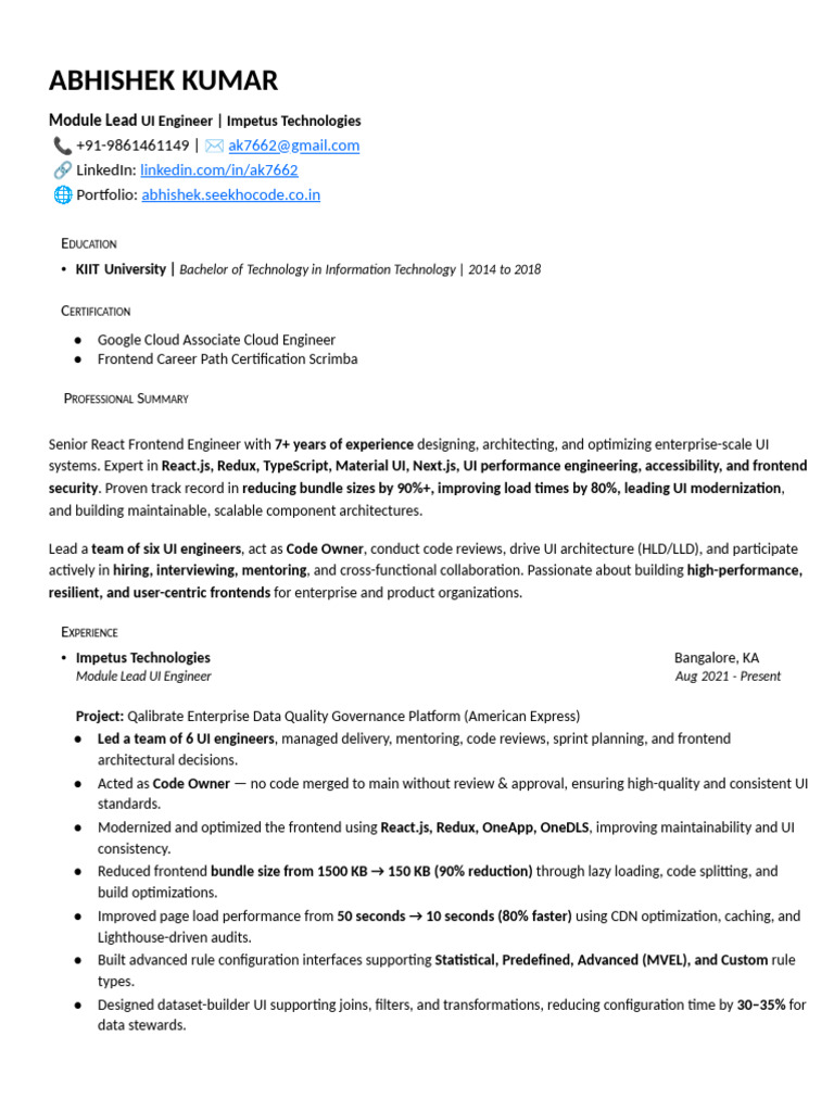 Senior UI Engineer Abhishek Kumar Profile | PDF | Computer Science ...