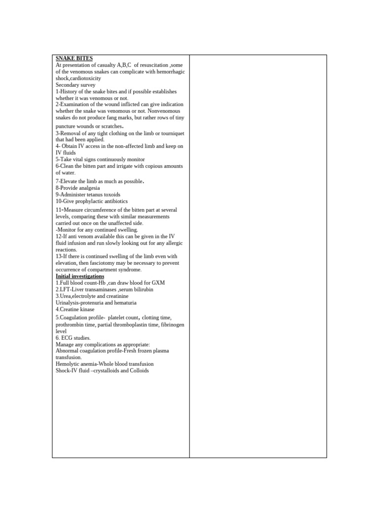 Snake Bite Management and Treatment Guide | PDF