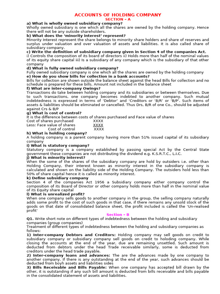 Holding Company Accounts Only Questions PDF Equity (Finance