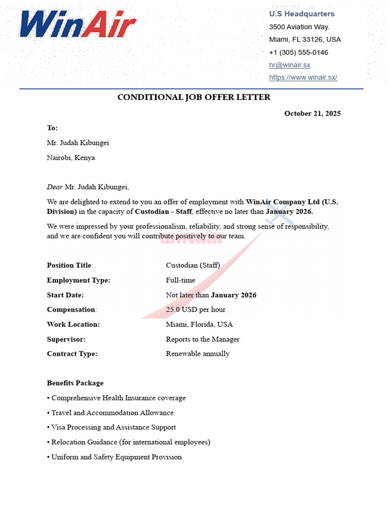 Judah Kibungei Conditional Offer Letter | PDF | Labor Relations ...