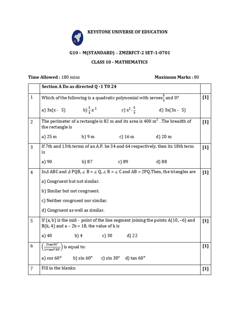 g10 m(Standard) – Zmzrfct 2 Set 1 0701 | PDF | Algebra | Classical Geometry