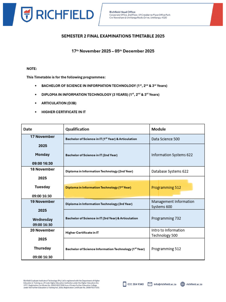 2025 IT Final Exam Timetable | PDF | Diploma | Vocational Education