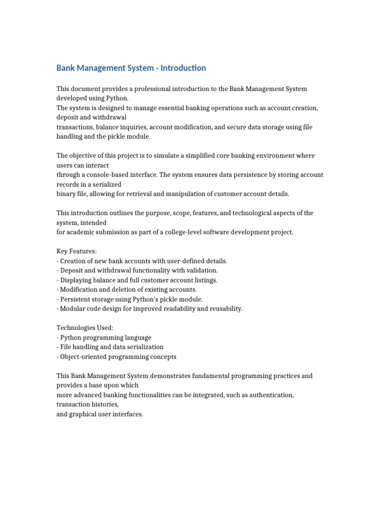 Bank Management System Introduction | PDF
