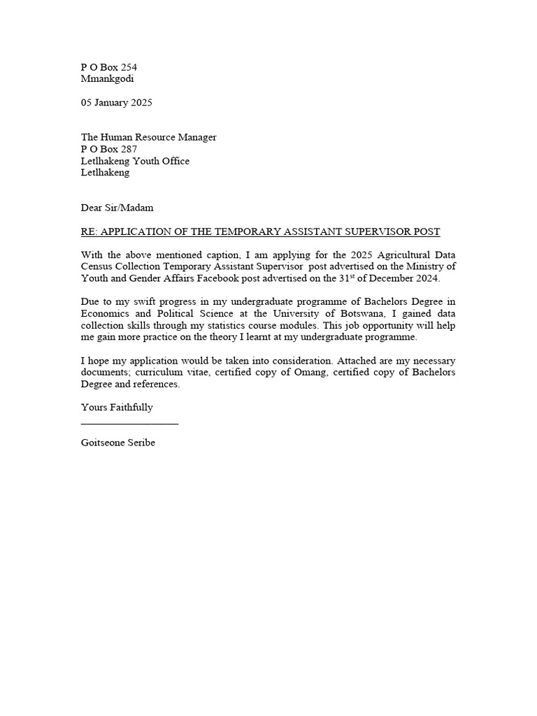 Application for Assistant Supervisor Post | PDF