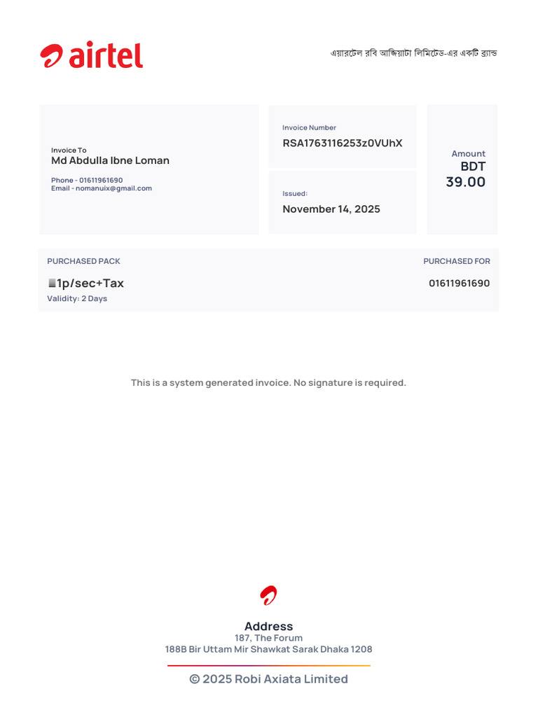 Robi Axiata Invoice for Md Abdulla | PDF