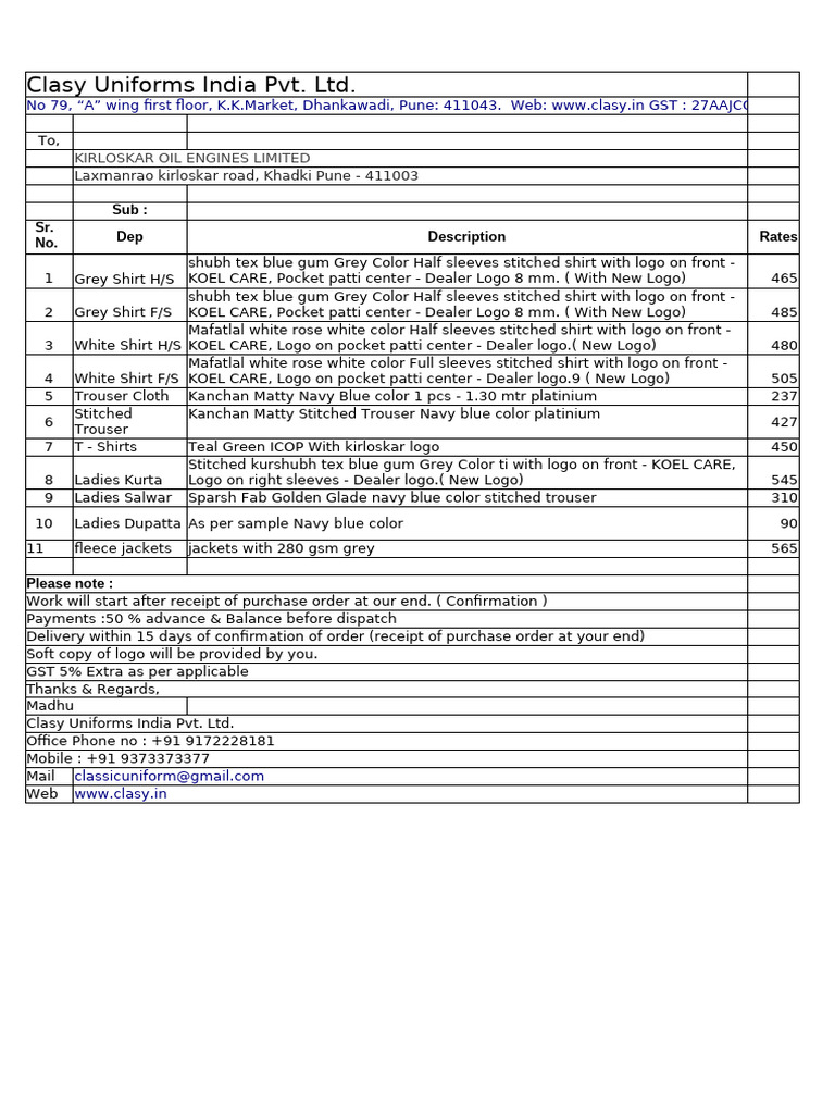 KIRLOSKKirloskar Quotation | PDF | Military Personal Equipment ...