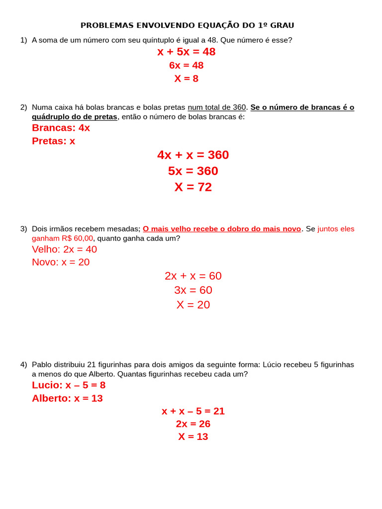 Problemas de Equação do 1º Grau | PDF
