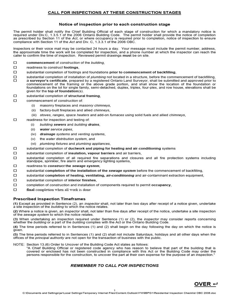 Ontario Building Code Inspection Checklist | PDF | Fireplace | Window