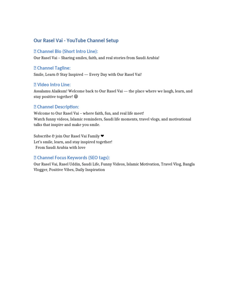 Our Rasel Vai YouTube Channel Setup | PDF