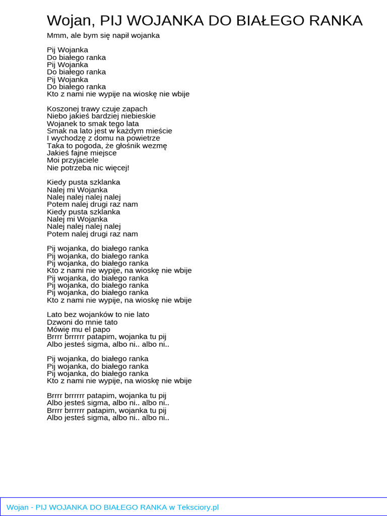 Wojan Pij Wojanka Do Bialego Ranka | PDF