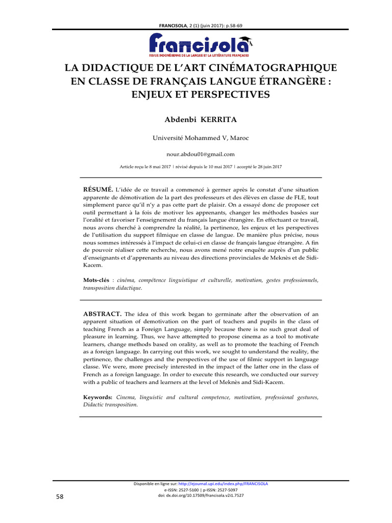 Didactique du cinéma en FLE : enjeux clés | PDF | Apprentissage | Pédagogie