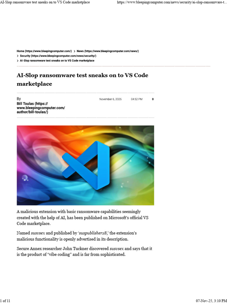 AI-Slop Ransomware Test Sneaks On To Vs Code Marketplace | PDF ...