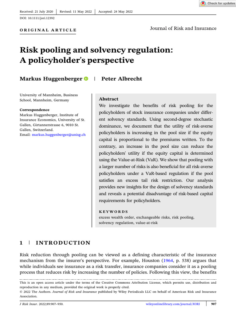 J of Risk Insurance - 2022 - Huggenberger - Risk Pooling and Solvency ...