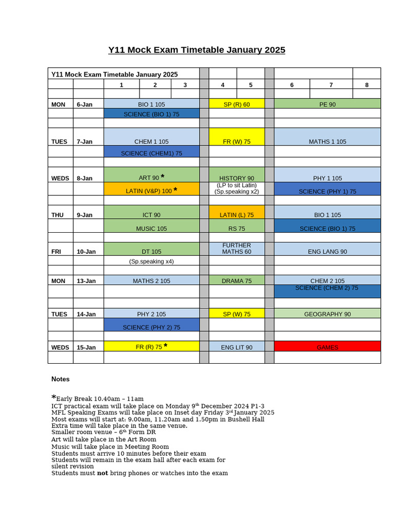 Y11 Mock Exam Schedule January 2025 | PDF