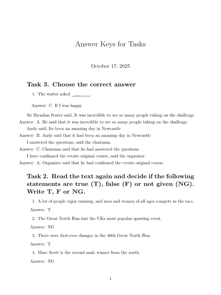 Answer Keys For Tasks: Task 3. Choose The Correct Answer | PDF