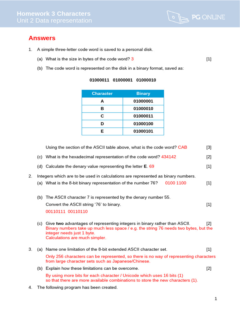 Unit 2 Data Represention Homework 3 - Characters Answers | PDF ...