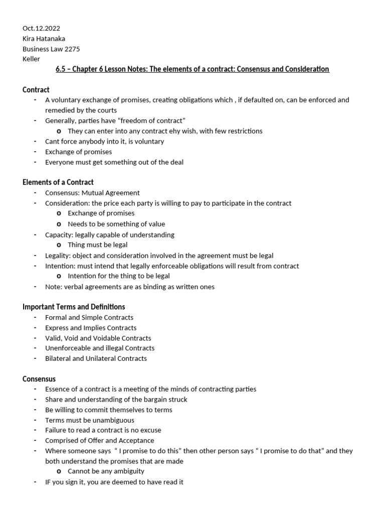 6.5 - Chapter 6 Lesson Notes The Elements of A Contract Consensus and ...