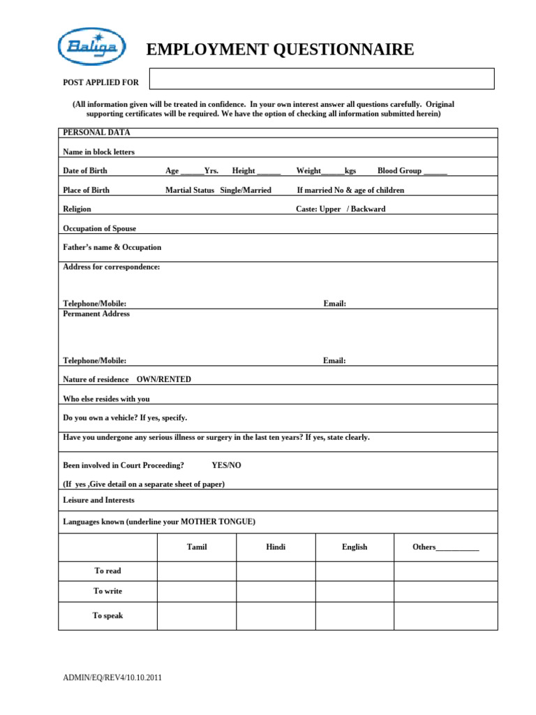 Employment Questionnaire Form | PDF