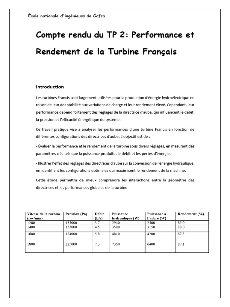 Performance des turbines Francis : étude TP 2 | PDF | Turbine ...