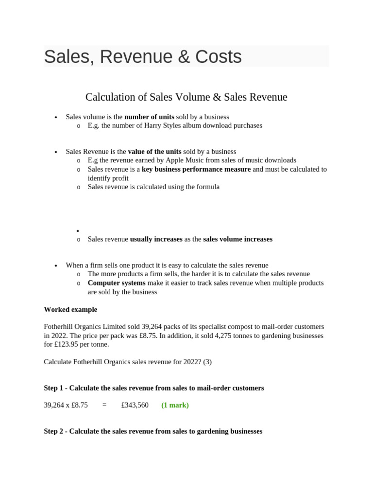 29. Sales Revenue Costs Pre Reading Topic Notes | PDF | Sales | Economies