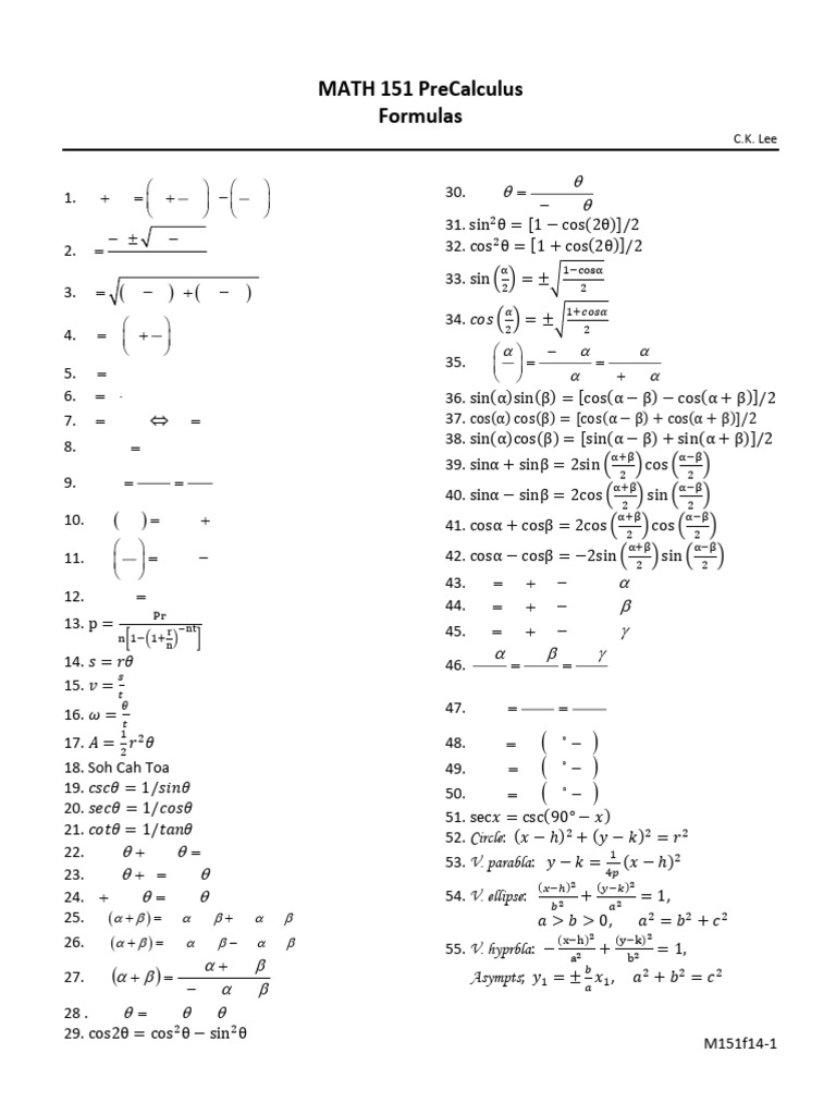 Math 151 Precalculus Formulas: B B Ac X A | PDF | Analytic Geometry ...