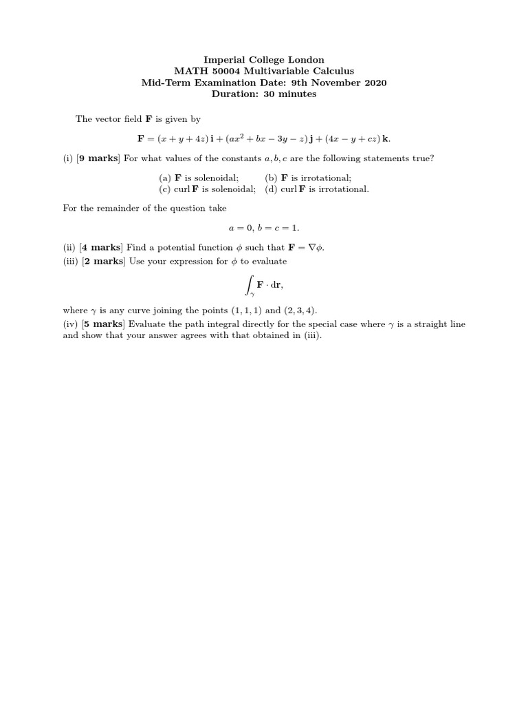 Multivariable Calculus Exam Solutions | PDF | Integral | Mathematical ...