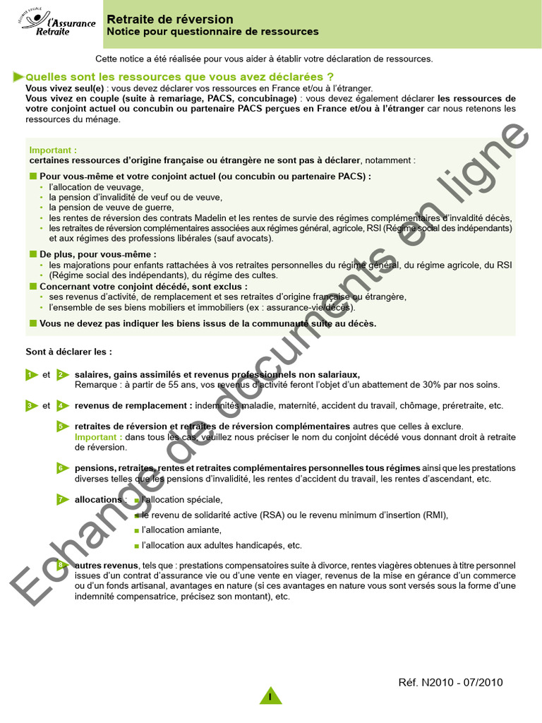 Déclaration de ressources pour retraite de réversion | PDF | Retraite ...