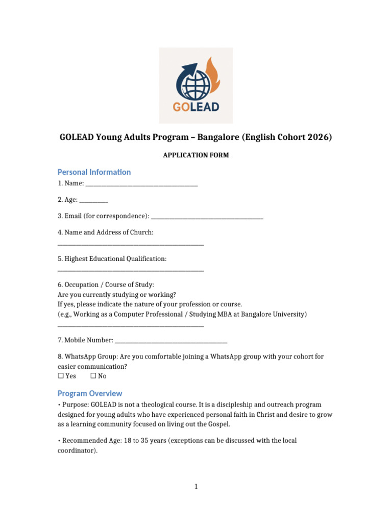 GOLEAD Young Adults Application 2026 | PDF